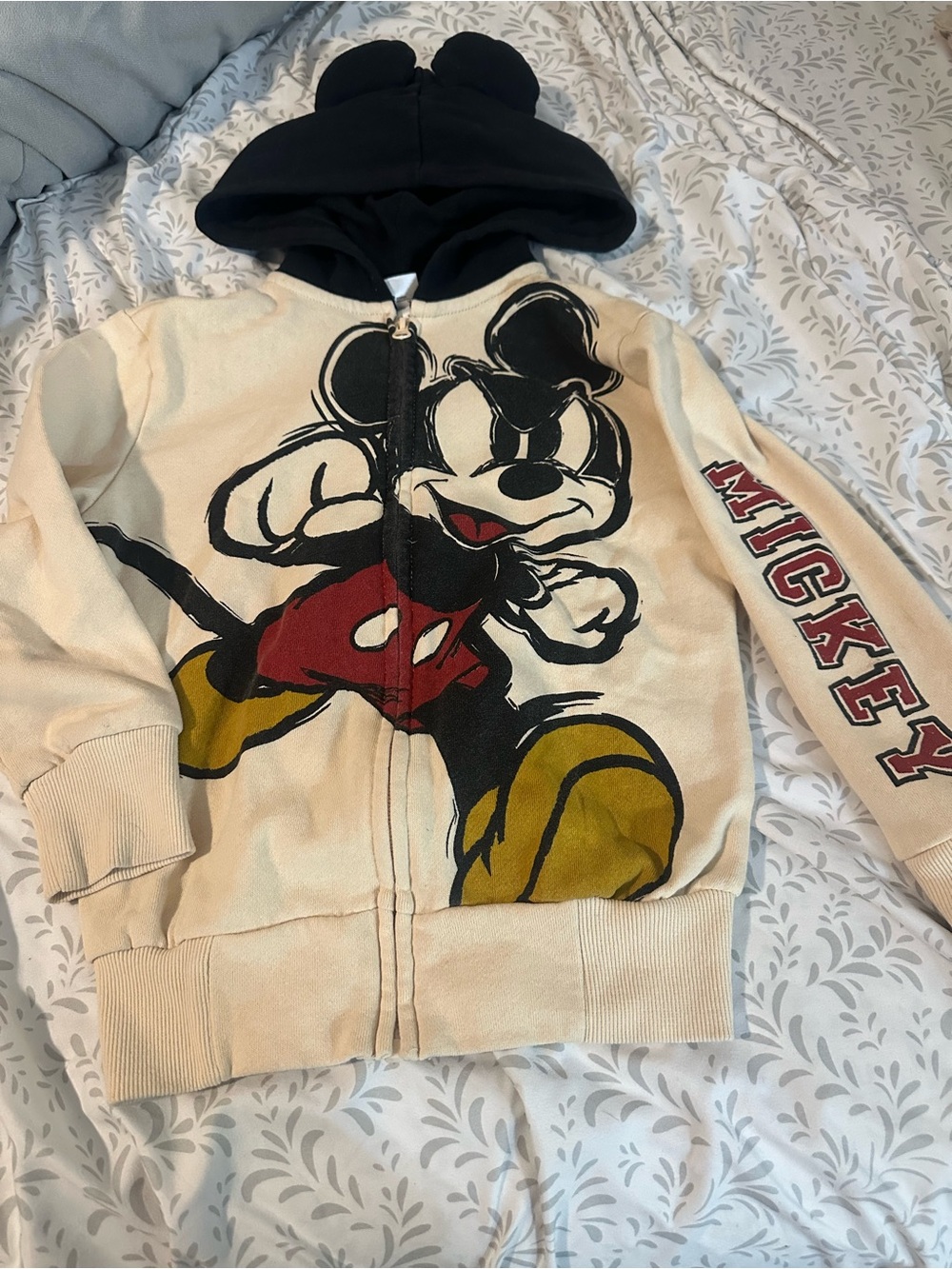 Disney Cream & Black Mickey Mouse Kids Zip Hoodie with Red and Yellow Accents